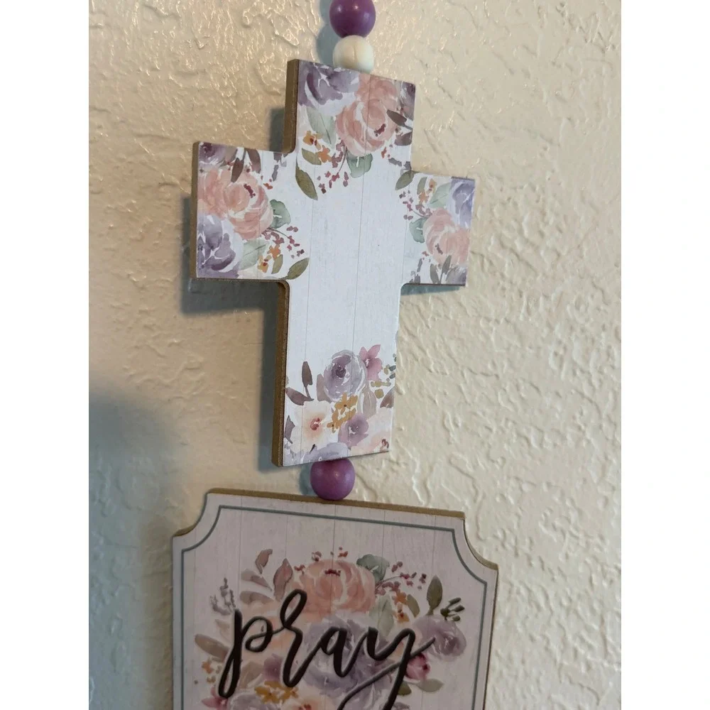Special Moments Floral Pray Cross Wall Decor Lavender Pink Wood Bead Tassel 23in